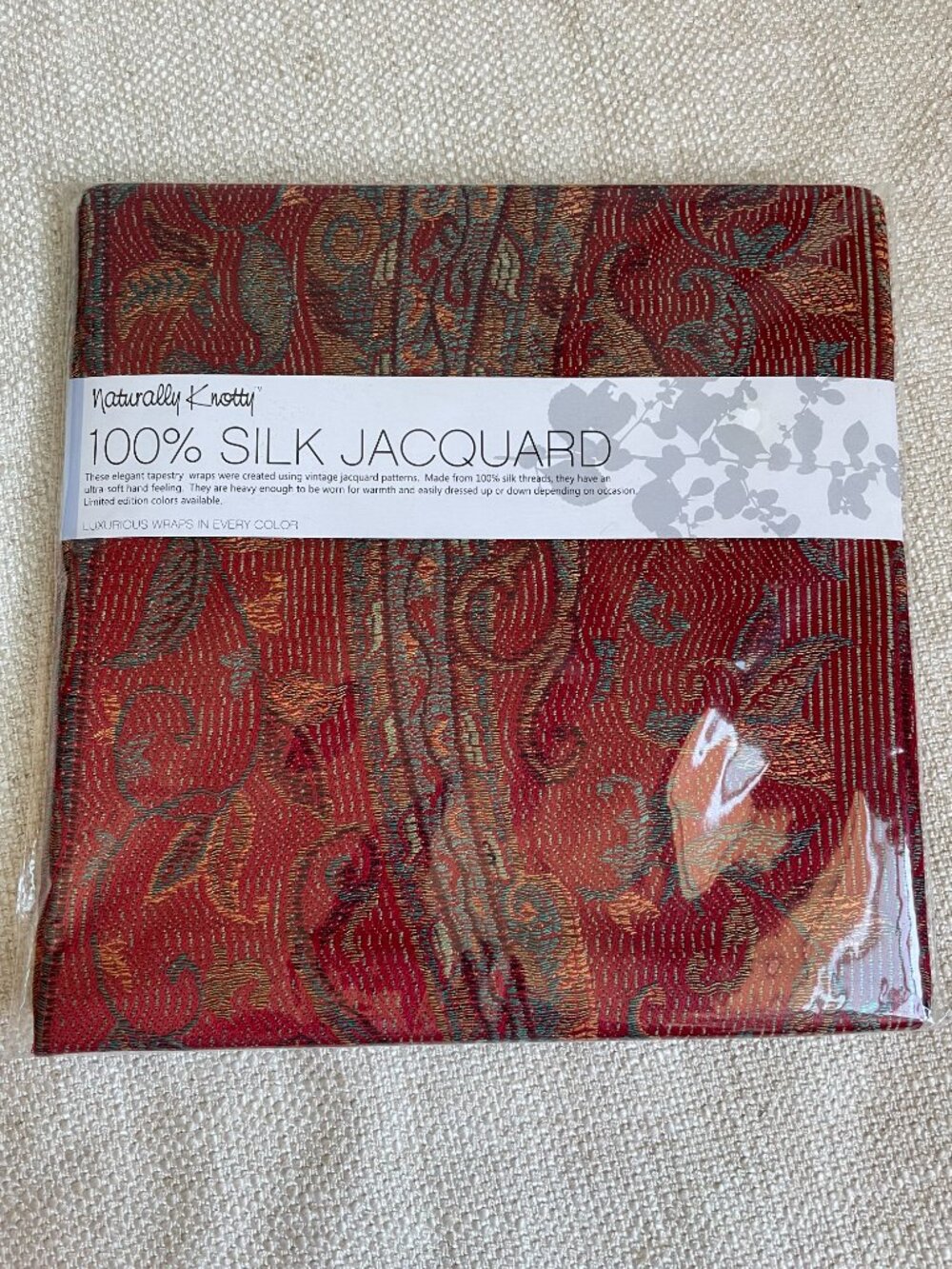 Naturally Knotty 100% Silk Jacquard  Scarf Wrap Red Green Fringe 26 x 77” NWT